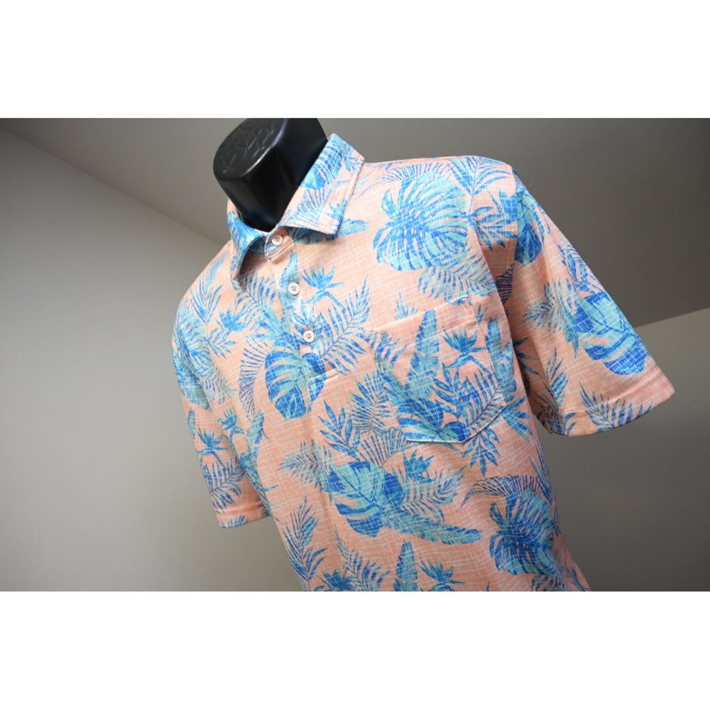 IZOD Saltwater Golf Polo Shirt Men Large Peach Blue Tropical Palm Leaf Excellent